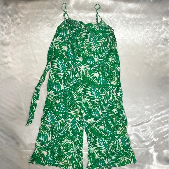 Lush Green Palm Leaf Jumpsuit Women’s M Tie Front Cutout Wide Leg Pockets - Picture 5 of 14